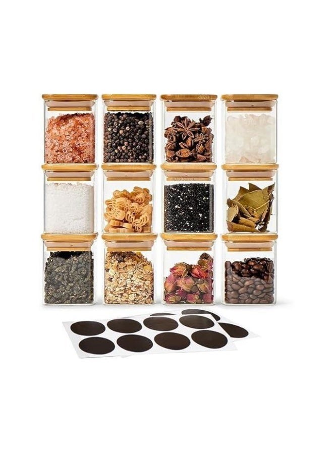 Glass Spice Jar Set with Airtight Bamboo Lids, Food Storage Containers for Grains and Spices for Home Kitchen, Suitable for Tea, Herbs, Coffee, Flour and Grains - 8 Pieces (Square) - Image 1